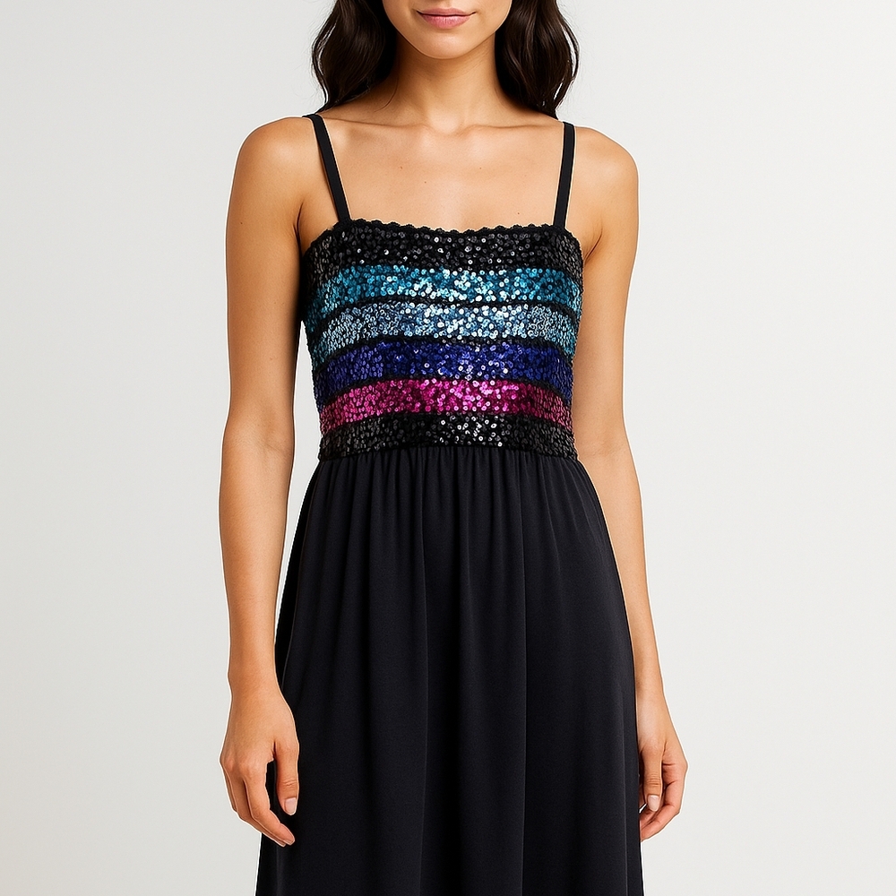 VTG 70s Black Rainbow Sequin Dress Size 10 Taĺl Disco